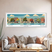Load image into Gallery viewer, Baltimore Maryland Panoramic Painting, Mid Century Modern Framed Canvas Print, Retro Pop Art Travel Poster, Office Wall Art, City Print
