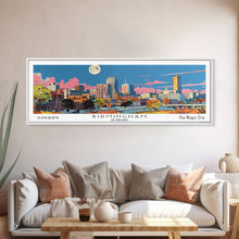 Carregar imagem no visualizador da galeria, Birmingham Alabama Panoramic Painting, Mid Century Modern Framed Canvas Print, Retro Pop Art Travel Poster, Office Wall Art, City Print
