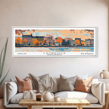 Carregar imagem no visualizador da galeria, Cambridge Massachusetts Panoramic Painting, Mid Century Modern Framed Canvas Print, Retro Pop Art Travel Poster, Home Decor, City Print
