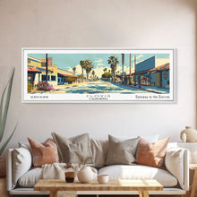Load image into Gallery viewer, Clovis California Panoramic Wall Art, Mid Century Modern Framed Canvas Print, Retro Pop Art Travel Poster, City Office Decor, Home Art
