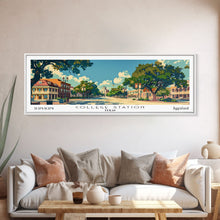 Load image into Gallery viewer, College Station Texas Panoramic Painting, Mid Century Modern Framed Canvas Print, Retro Pop Art Travel Poster, Living Room Art, Home Decor
