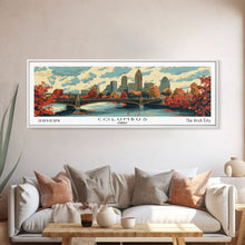 Cargar imagen en el visor de la galería, Columbus Ohio Panoramic Wall Art, Mid Century Modern Framed Canvas Print, Retro Pop Art Travel Poster, City Living Room Decor, Office Wall Art
