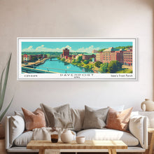 Load image into Gallery viewer, Davenport Iowa Panoramic Wall Art, Mid Century Modern Framed Canvas Print, Retro Pop Art Travel Poster, City Art Gift, Home Decor
