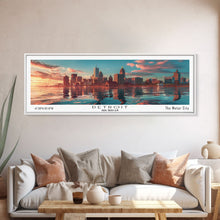 Load image into Gallery viewer, Detroit Michigan Panoramic Painting, Mid Century Modern Framed Canvas Print, Retro Pop Art Travel Poster, City Wall Decor, Home Art
