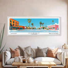 Load image into Gallery viewer, Downey California Panoramic Wall Art, Mid Century Modern Framed Canvas Print, Retro Pop Art Travel Poster, City Living Room Decor, Home Decor
