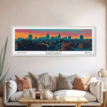 Load image into Gallery viewer, Durham North Carolina Panoramic Painting, Mid Century Modern Framed Canvas Print, Retro Pop Art Travel Poster, City Wall Art, Office Decor
