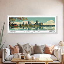 Load image into Gallery viewer, Fort Wayne Indiana Panoramic Art, Mid Century Modern Framed Canvas Print, Retro Pop Art Travel Poster, Home Wall Decor
