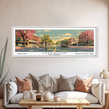 Load image into Gallery viewer, Lakewood New Jersey Panoramic Wall Art, Mid Century Modern Framed Canvas Print, Retro Pop Art Travel Poster, Living Room Art
