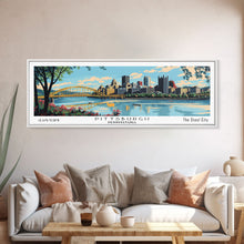 Cargar imagen en el visor de la galería, Pittsburgh Pennsylvania Panoramic Wall Art, Mid Century Modern Framed Canvas Print, Retro Pop Art Travel Poster, City Art, Office Wall Decor, Living Room Art
