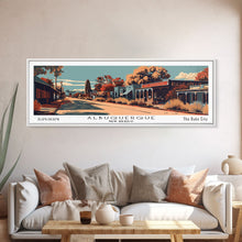 Carregar imagem no visualizador da galeria, Albuquerque New Mexico Panoramic Painting, Framed Canvas Print, Mid Century Modern Wall Art, Retro Pop Art Travel Poster, Office Decor, City Art
