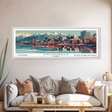 Carregar imagem no visualizador da galeria, Anchorage Alabama Panoramic Painting, Framed Canvas Print, Mid Century Modern Wall Art, Retro Pop Art Travel Poster, Living Room Decor, City Art
