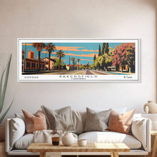 Carregar imagem no visualizador da galeria, Bakersfield California Panoramic Painting, Framed Canvas Print, Mid Century Modern Wall Art, Retro Pop Art Travel Poster, Living Room Decor, City Art
