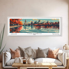 Load image into Gallery viewer, Columbus Ohio Panoramic Painting, Framed Canvas Print, Mid Century Modern Wall Art, Retro Pop Art Travel Poster, Living Room Decor, City Art
