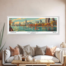 Load image into Gallery viewer, Detroit Michigan Panoramic Painting, Framed Canvas Print, Mid Century Modern Wall Art, Retro Pop Art Travel Poster, Office Decor, City Art
