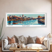 Load image into Gallery viewer, Durham North Carolina Panoramic Painting, Framed Canvas Print, Mid Century Modern Wall Art, Retro Pop Art Travel Poster, Home Decor, City Art
