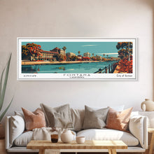 Carregar imagem no visualizador da galeria, Fontana California Panoramic Painting, Framed Canvas Print, Mid Century Modern Wall Art, Retro Pop Art Travel Poster, Living Room Decor, City Art
