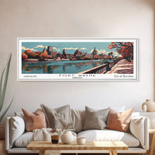 Load image into Gallery viewer, Fort Wayne Indiana Panoramic Painting, Framed Canvas Print, Mid Century Modern Wall Art, Retro Pop Art Travel Poster, Office Decor, City Art
