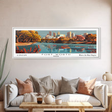 Load image into Gallery viewer, Fort Worth Texas Panoramic Painting, Framed Canvas Print, Mid Century Modern Wall Art, Retro Pop Art Travel Poster, Home Decor, City Art
