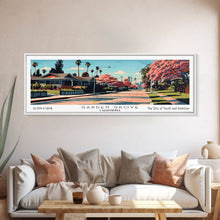Cargar imagen en el visor de la galería, Garden Grove California Panoramic Painting, Framed Canvas Print, Mid Century Modern Wall Art, Retro Pop Art Travel Poster, Living Room Decor, City Art
