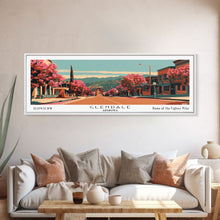 Carregar imagem no visualizador da galeria, Glendale Arizona Panoramic Wall Art, Framed Canvas Print, Mid Century Modern Style, Retro Pop Art Travel Poster, Living Room Art, Home Decor, Cityscape
