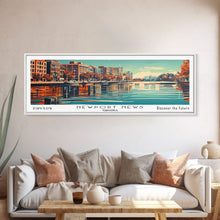 Load image into Gallery viewer, Newport News Virginia Panoramic Wall Art, Mid Century Modern Framed Canvas Print, Retro Pop Art Travel Poster, Office Decor, Cityscape Art
