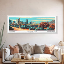 Load image into Gallery viewer, Phoenix Arizona Panoramic View, Mid Century Modern Framed Canvas Print, Retro Pop Art Travel Poster, Living Room Wall Decor
