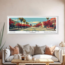 Cargar imagen en el visor de la galería, Santa Ana California Panoramic Wall Art, Mid Century Modern Framed Canvas Print, Retro Pop Art Cityscape, Travel Poster, Living Room Decor

