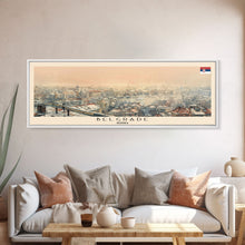 Cargar imagen en el visor de la galería, Belgrade Serbia Panoramic Travel Poster, Framed Canvas Print or Metal Wall Art, Travel Art, Home Decor, Panoramic Painting, Midcentury Art
