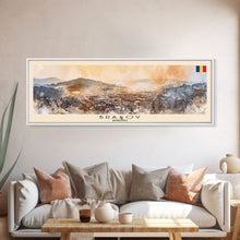 Load image into Gallery viewer, Brasov Romania Panoramic Travel Poster, Framed Canvas Print or Metal Wall Art, Travel Art, Home Decor, Panoramic Painting, Midcentury Art
