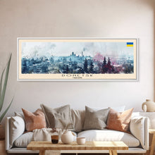 Load image into Gallery viewer, Donetsk Ukraine Panoramic Travel Poster, Framed Canvas Print or Metal Wall Art, Travel Art, Home Decor, Panoramic Painting, Midcentury Art
