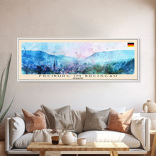 Load image into Gallery viewer, Freiburg Germany Panoramic Travel Poster, Framed Canvas Print or Metal Wall Art, Travel Art, Home Decor, Panoramic Painting, Midcentury Art
