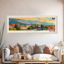 Load image into Gallery viewer, Banja Luka Bosnia Panoramic Travel Poster, Framed Canvas Print or Metal Wall Art, Travel Art, Home Decor, Panoramic Painting, Midcentury Art
