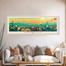 Load image into Gallery viewer, Barcelona Spain Travel Print Wall Art, Panoramic City Art, Travel Art, Wall Decor, Vacation Gift, Framed Canvas Print Or Metal Art

