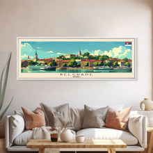 Cargar imagen en el visor de la galería, Belgrade Serbia Panoramic Travel Poster, Framed Canvas Print or Metal Wall Art, Travel Art, Home Decor, Panoramic Painting, Midcentury Art
