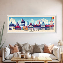 Carregar imagem no visualizador da galeria, Bucharest Romania Wall Art, Panoramic Travel Poster, Panoramic Framed Canvas Print, City Wall Art, Wall Hanging Home Decor, Travel Art
