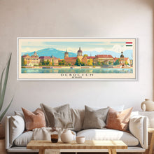 Load image into Gallery viewer, Debrecen Hungary Panoramic Travel Poster, Framed Canvas Print or Metal Wall Art, Travel Art, Home Decor, Panoramic Painting, Midcentury Art
