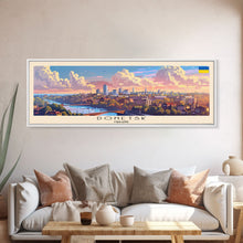 Load image into Gallery viewer, Donetsk Ukraine Panoramic Travel Poster, Framed Canvas Print or Metal Wall Art, Travel Art, Home Decor, Panoramic Painting, Midcentury Art
