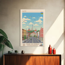 Load image into Gallery viewer, Sumy Ukraine Travel Poster Framed Canvas Print, Midcentury Modern Art, Pop Art Wall Decor, Living Room Art, Scenic Wall Art
