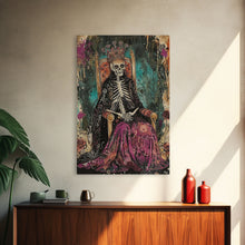 Cargar imagen en el visor de la galería, Skeleton King in Regal Throne Framed Canvas Print, Royalty Decor, Halloween Skeleton Art, Haunted Mansion Wall Art, Gothic Skeleton Print
