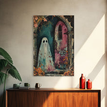 Load image into Gallery viewer, Ghostly Figure at Haunted Door Framed Canvas Print, Halloween Spirit Decor, Spooky Ghost Art, Haunted House Wall Art, Creepy Ghostly Print
