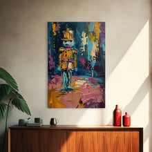 Load image into Gallery viewer, Colorful Skeleton Nutcracker Framed Canvas Print, Halloween Nutcracker Decor, Spooky Toy Art, Skeleton Wall Art, Haunted Nutcracker Print
