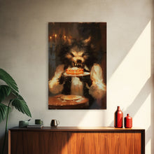 Load image into Gallery viewer, Halloween Werewolf Eating Hotdog, Framed Canvas Print, Wall Art, Spooky Artwork, Fantasy Decor, Halloween Decor, Whimsical Funny Halloween
