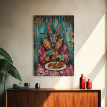 Carregar imagem no visualizador da galeria, A demon eating some hot wings - hope he didn&#39;t sell his soul for them they look pretty good! Halloween Wall Art Framed Canvas

