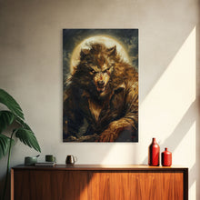 Carregar imagem no visualizador da galeria, Ferocious Werewolf Under Full Moon Framed Canvas Print | Halloween Monster Art | Spooky Werewolf Decor for Home | Intense Werewolf Artwork
