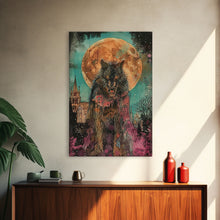 Load image into Gallery viewer, Fierce Werewolf with Blood Moon Framed Canvas Print | Halloween Monster Art | Spooky Werewolf Decor for Home | Intense Full Moon Artwork
