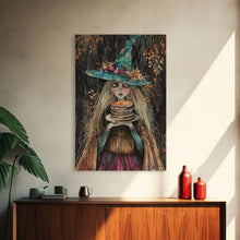 Load image into Gallery viewer, The Witch and Her Pancakes, Breakfast Witch, Framed Canvas Print, Funny Halloween Art
