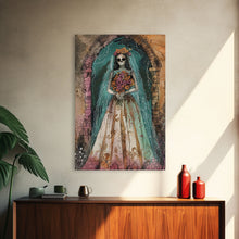 Load image into Gallery viewer, Skeleton Bride in Floral Arch Framed Canvas Print | Halloween Bride Art | Spooky Bride Decor for Home | Gothic Wedding Artwork
