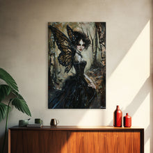 Load image into Gallery viewer, Dark Gothic Fairy with Butterfly Wings| Halloween Wall Art | Spooky Home Decor | Creepy Gothic Fairy Painting | Framed Canvas Print
