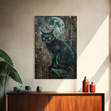Carregar imagem no visualizador da galeria, Black Cat with Piercing Green Eyes, Framed Canvas Print, Spooky Cat Art, Witchy Feline Decor, Halloween Wall Art, Gothic Cat Decor
