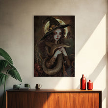Load image into Gallery viewer, Witch Holding Snake under Full Moon - Dark Forest Sorcery Gothic Art Framed Canvas Print, Halloween Witchy Decor
